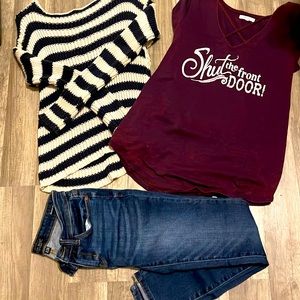 Judy blues skinny fit 3/26 hinge sweater sz:m Maurice’s small shirt